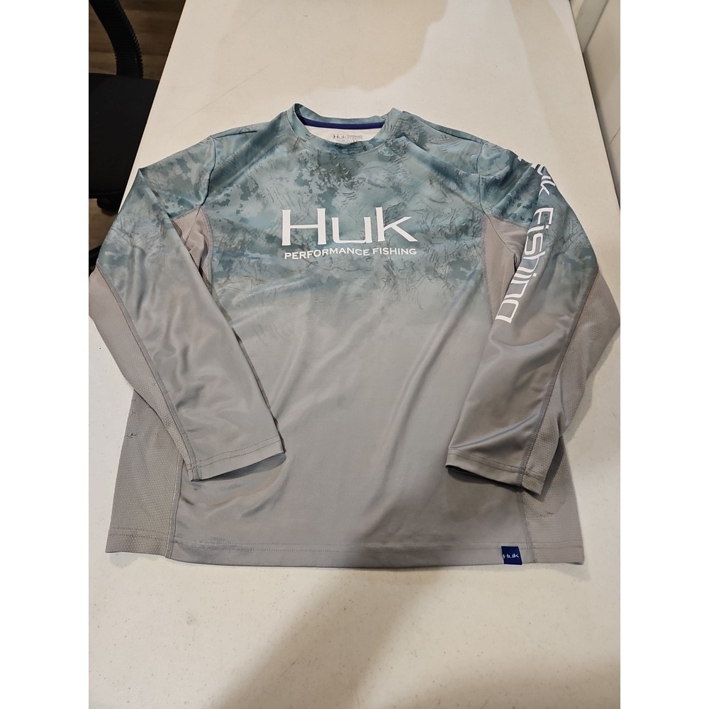 Huk Performance Fishing Shirt Long Sleeve Mens Medium 100% Poly Green/gray(A1283